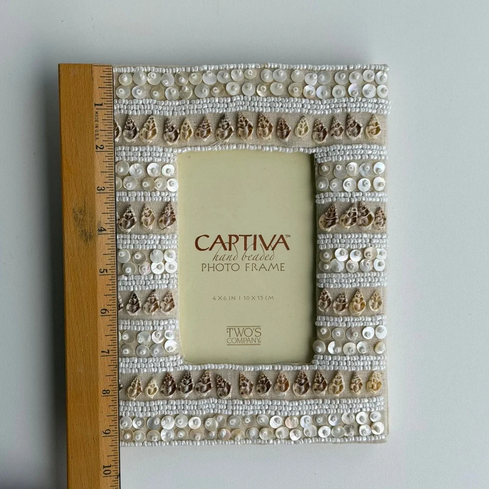 Vintage Captiva Photo Frame 4x6 Cream‎ Boho Chic Whimsy Shell Beaded Linen Beach